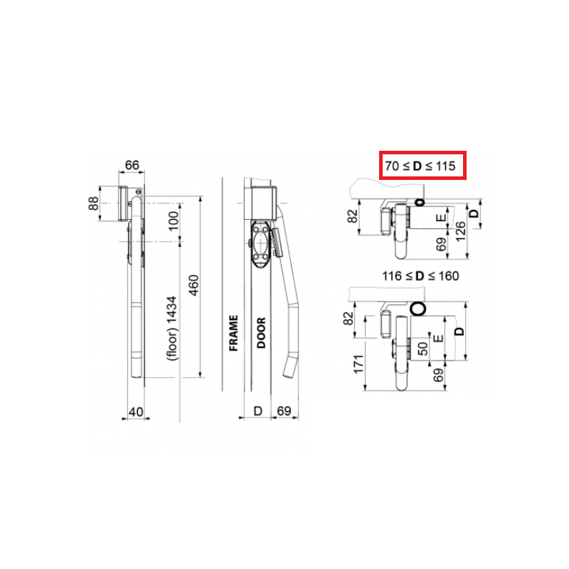 Zewnętrzna dźwignia do drzwi przesuwnych chłodniczych Fermod 8730 (70/115mm)