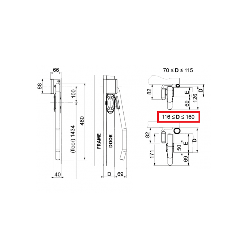 Zewnętrzna dźwignia do drzwi przesuwnych chłodniczych Fermod 8730 (115/160mm)